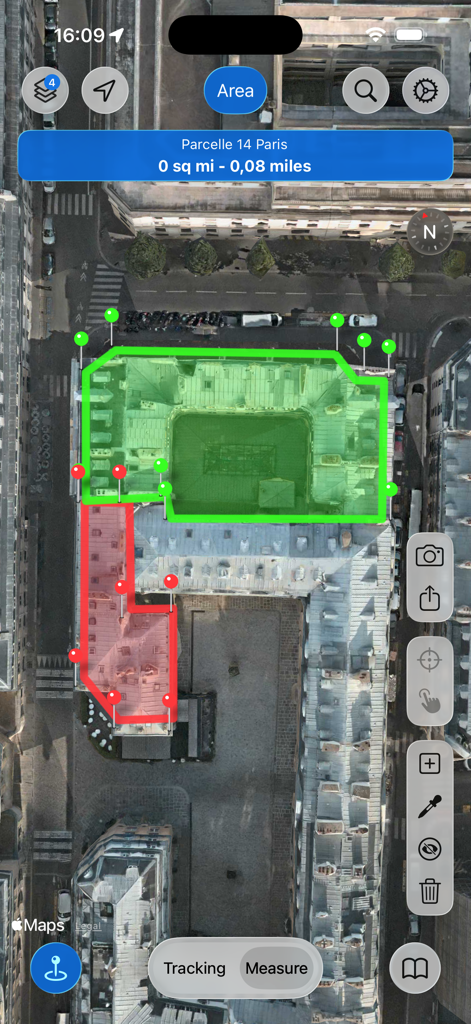 MapPath Pro - Interfaz de la aplicación MapPath Pro mostrando mediciones de área y perímetro en un mapa satelital