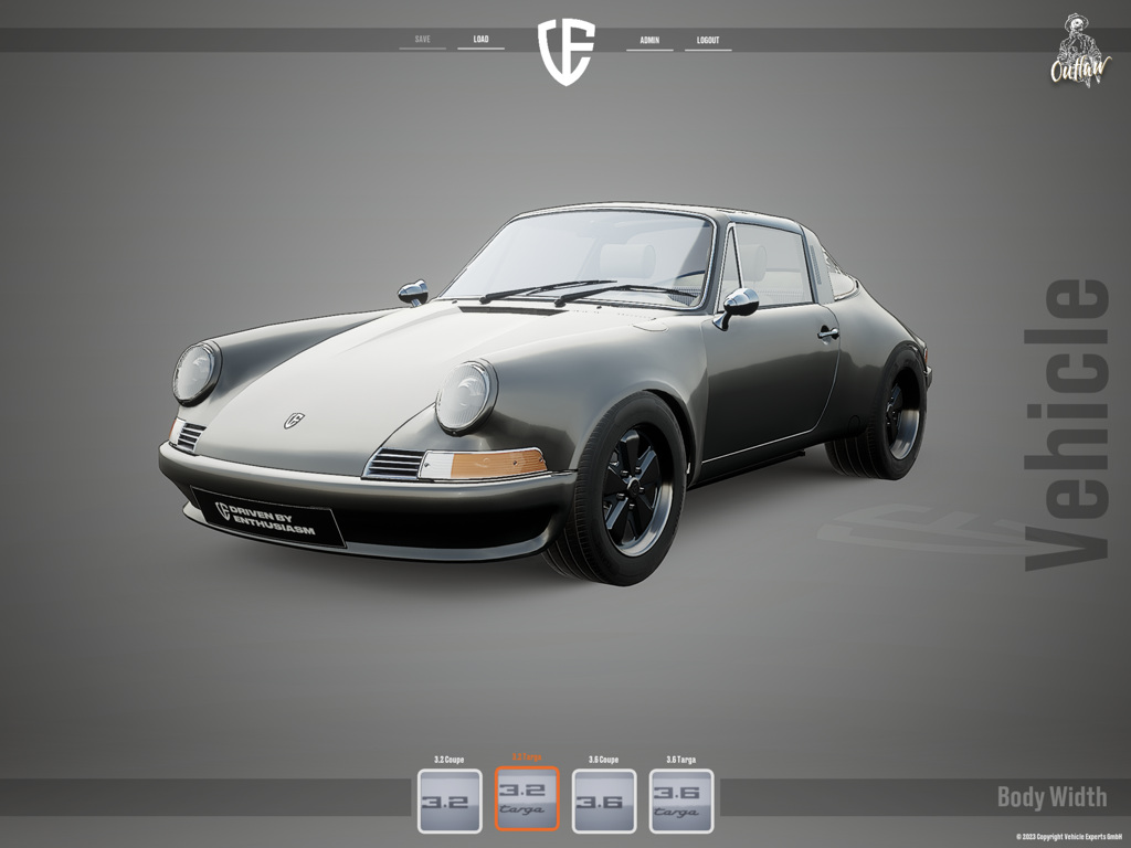 Vehicle Experts Configurator - A high-end 3D configurator interface showing a bespoke grey air-cooled Porsche 911 Targa model