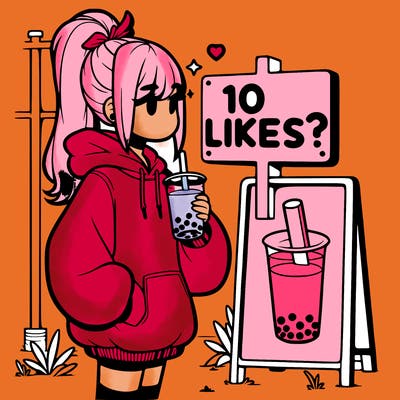 girl with oversized hoodie drinking boba and she has a high ponytail with a sign that says 10likes?
