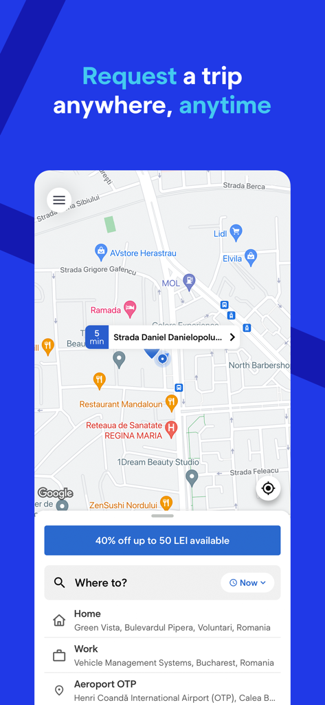 Blue Rumänien mobile App-Oberfläche zeigt eine Karte und Optionen zur Anforderung einer Fahrt