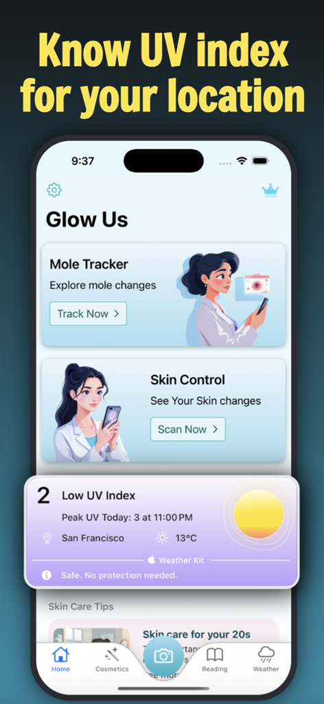 AI Skin Scanner: Skincare Time - AI Skin Scanner app interface showing local UV index data and skin tracking features.