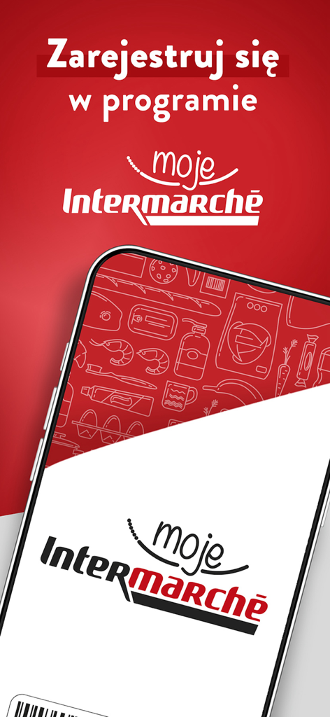 Una pantalla promocional para la aplicación Intermarché Polska invitando a los usuarios a registrarse en el programa de fidelización moje Intermarche.