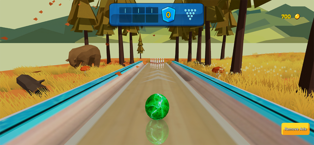 Un juego de bolos 3D con una bola verde en una pista exterior ambientada en un bosque