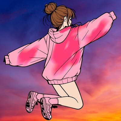 realistic girl jumping with a bun and oversized sweatshirt