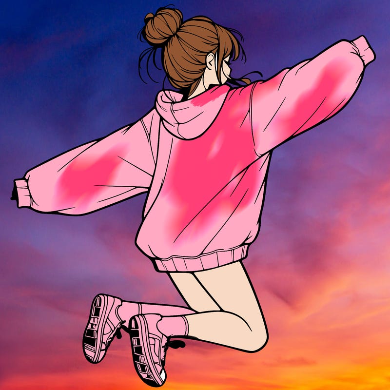 realistic girl jumping with a bun and oversized sweatshirt