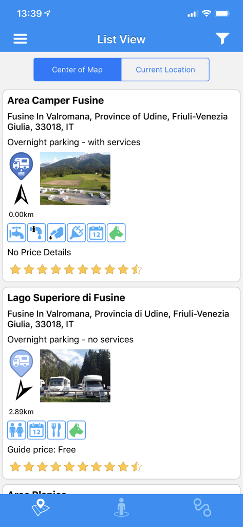 A list of European motorhome stopovers and campsites in the searchforsites app featuring location details, ratings, and amenity icons.