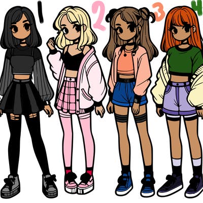 one girl with crop-top shirt and a jacket with a skirt, long socks and another girl with a shirt and pants with a jacket
