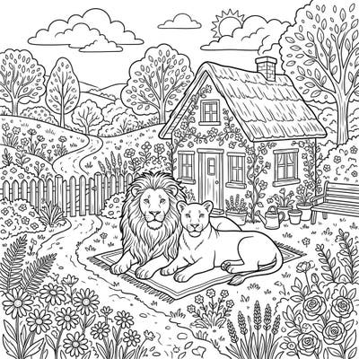 Step into a world where majestic lions find tranquility amidst the charm of a cottagecore garden. This delightful coloring page invites you to bring a peaceful, rustic scene to life with your favorite colors.