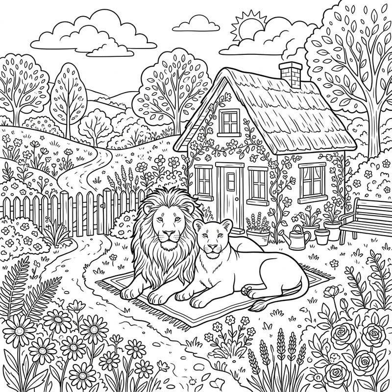 Step into a world where majestic lions find tranquility amidst the charm of a cottagecore garden. This delightful coloring page invites you to bring a peaceful, rustic scene to life with your favorite colors.