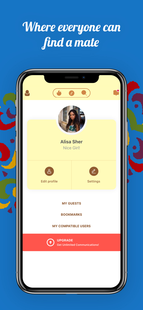 Caribbean Singles Meet: Dating - User profile interface of Caribbean Singles Meet dating app showing account settings and a call to upgrade for unlimited communication