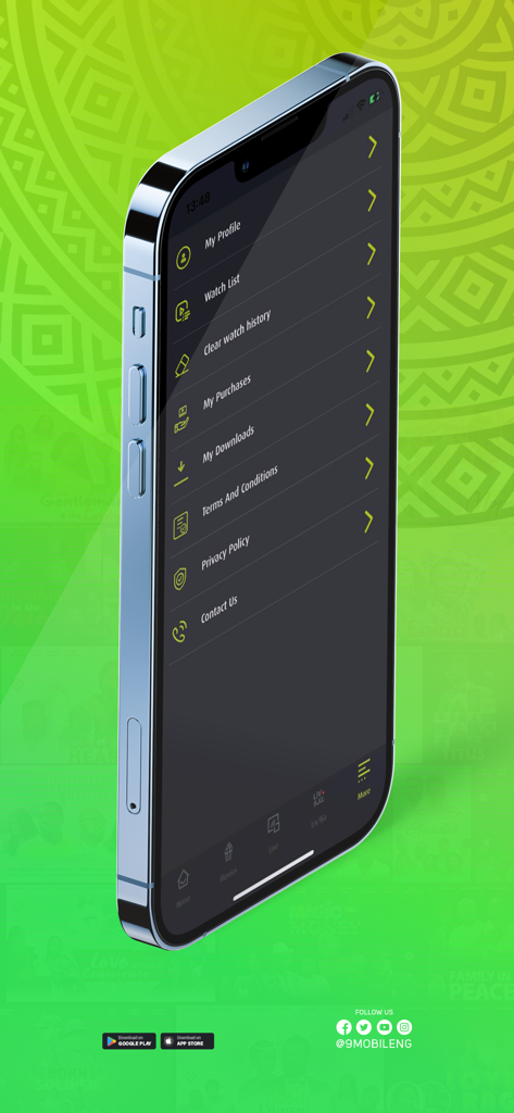 9TV - Menu de profil utilisateur et des paramètres sur l'application mobile 9TV