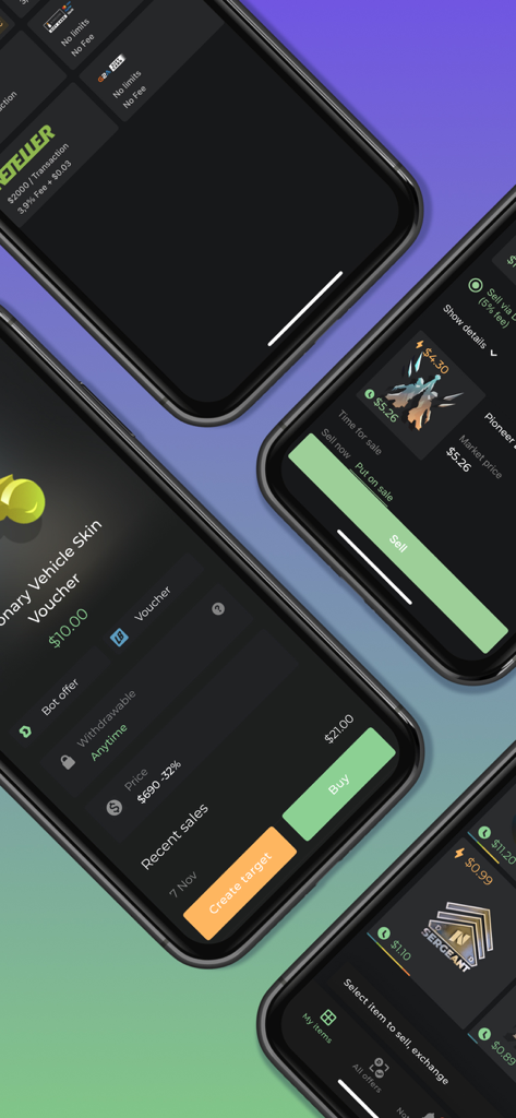 Several smartphone screens showing the DMarket app interface for buying and selling in-game skins