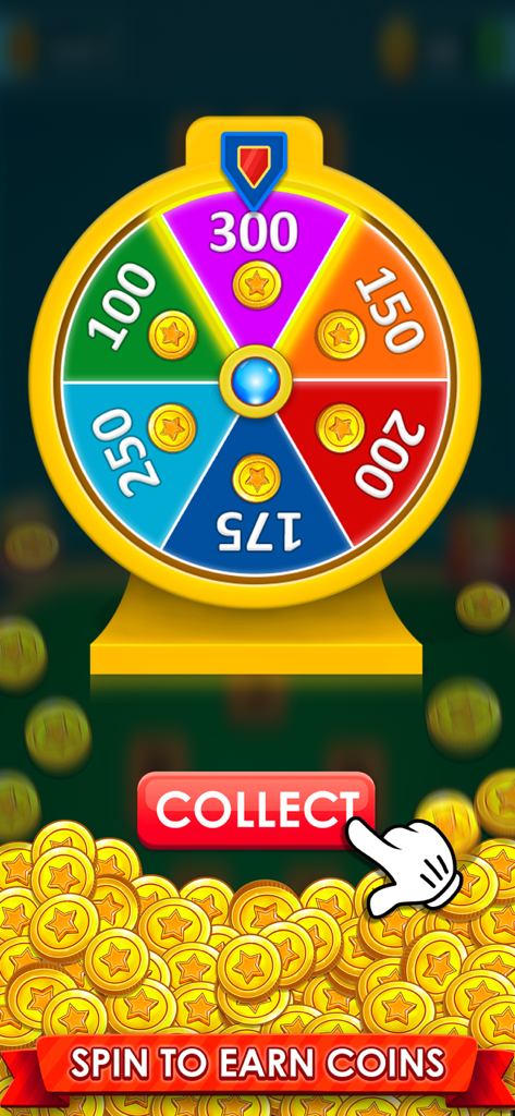 Word Game 2026: Word Connect - A colorful lucky wheel in the Word Game 2026 app showing daily coin rewards and a collect button