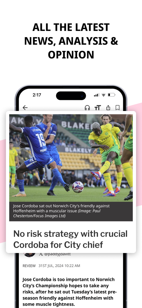 The Pink Un - A mobile screenshot of The Pink Un app displaying a Norwich City Football Club news article with the headline All the Latest News, Analysis and Opinion.