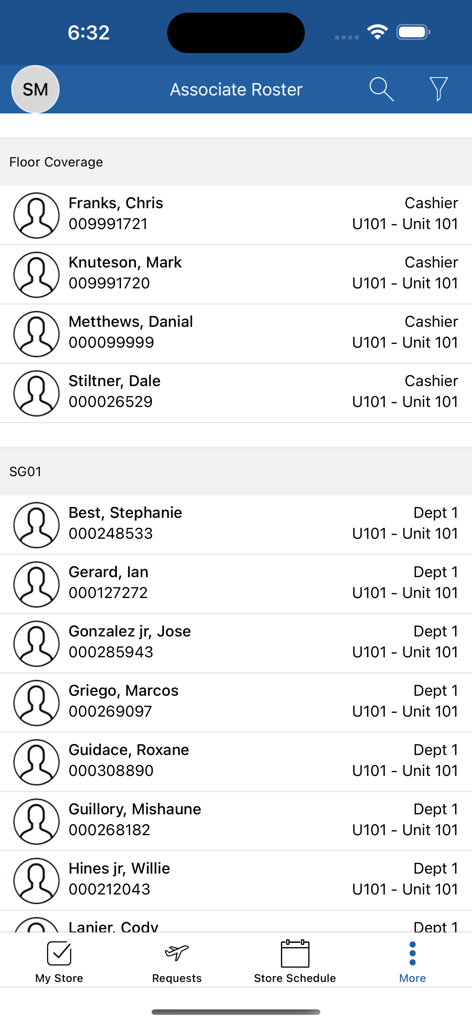 Retail workforce management app screen showing the associate roster with employee names and department roles.