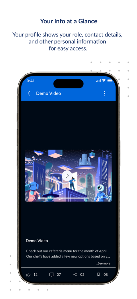 A smartphone displaying a demo video interface within theEMPLOYEEapp featuring social engagement icons like likes and comments.