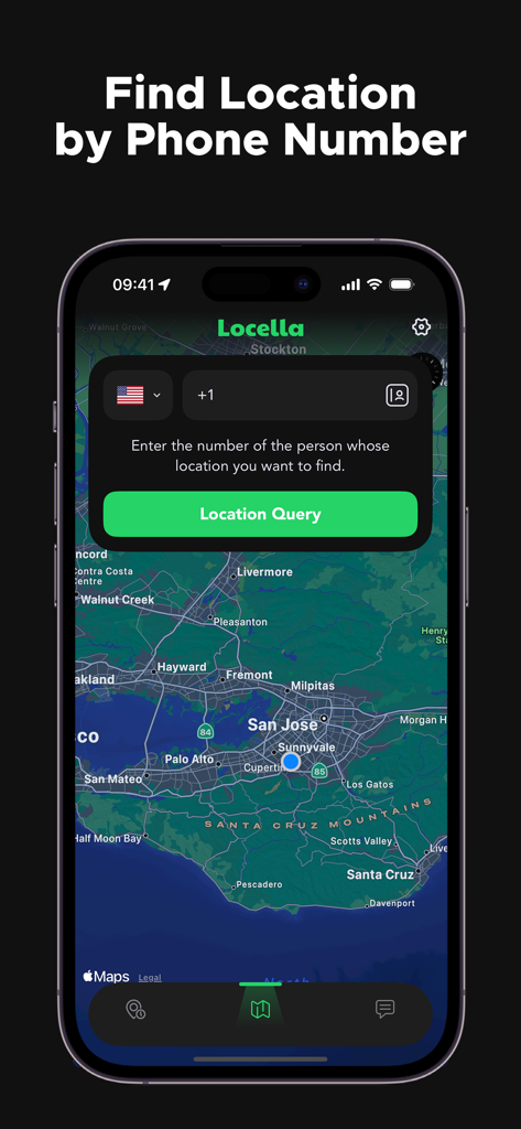 Find Location - Locella - Pantalla de iPhone que muestra la función de la aplicación Locella para encontrar una ubicación ingresando un número de teléfono sobre un mapa de San José