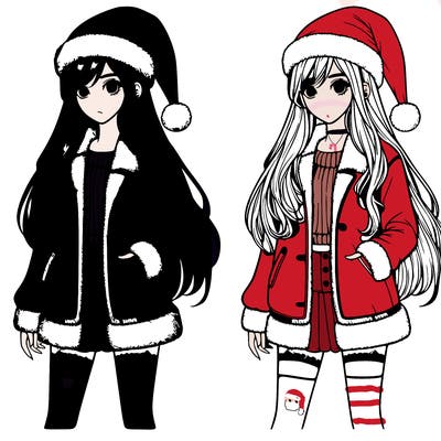 realistic detailed, girl in santa hat with long straight hair jacket and a short skirt