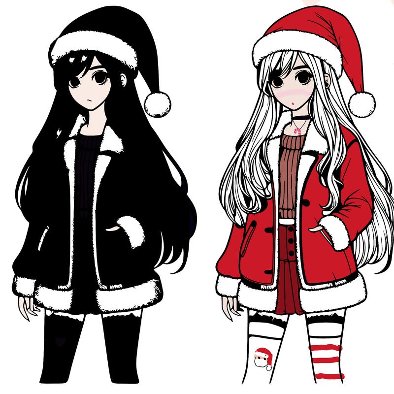 realistic detailed, girl in santa hat with long straight hair jacket and a short skirt