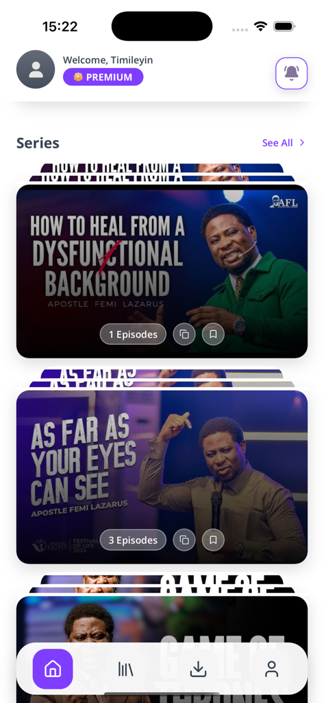 Femi Lazarus Digital Library - Interface de l'application Bibliothèque Numérique Femi Lazarus montrant des séries d'enseignements spirituels et des miniatures vidéo
