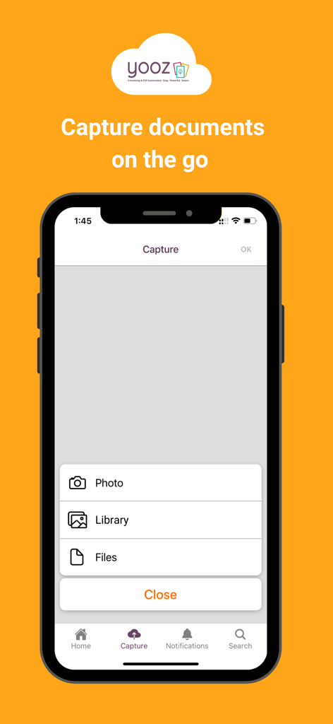 YoozMobile Rising - Mobile interface of YoozMobile Rising showing document capture options via photo, library, or files.