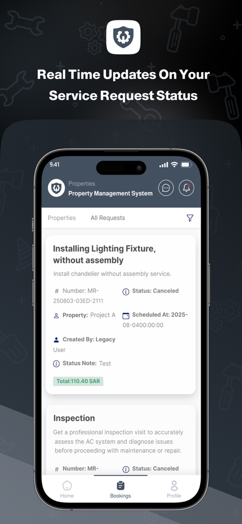 Warranty - وارنتي - Real-time maintenance service request status updates on the Warranty app interface