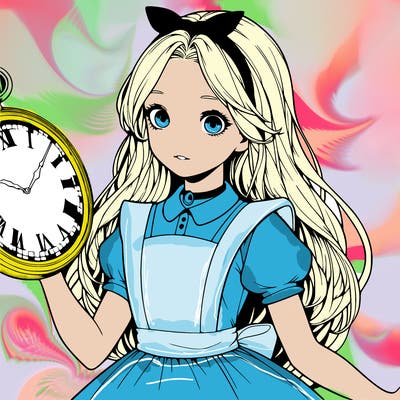 realistic alice in wonderland holding a large watch