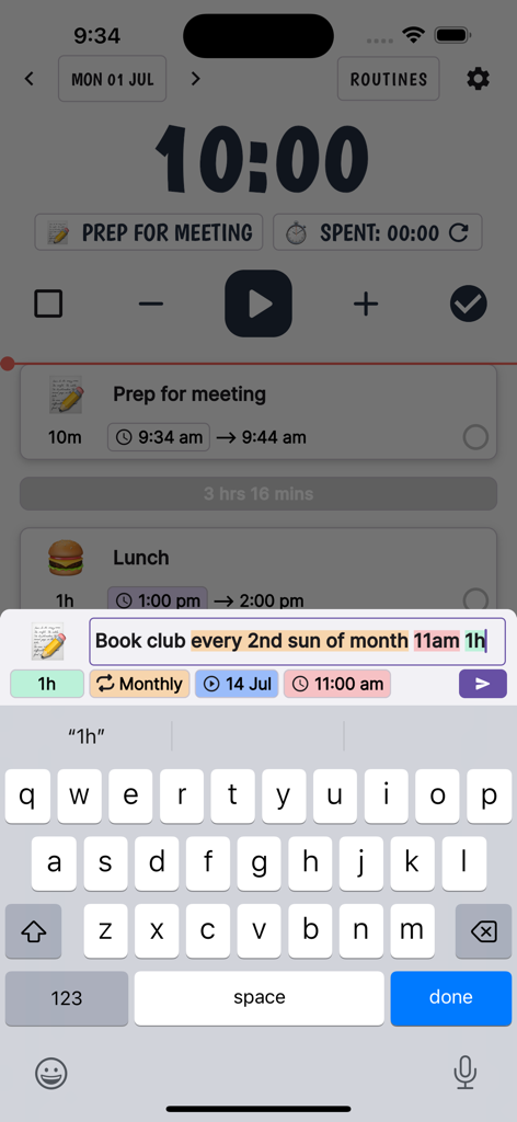 A screenshot of the ChronoCat app showing natural language parsing to schedule a recurring book club task.