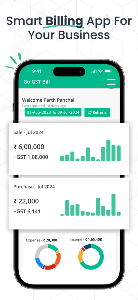 Go GST Bill - Go GST Bill app dashboard displaying sales and purchase reports with data visualizations