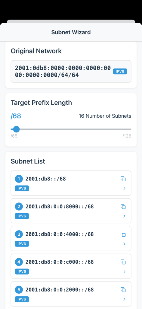 IP Calc(ipv4/ipv6) - La herramienta Asistente de Subredes IPv6 en la aplicación IP Calc mostrando una lista de subredes generadas