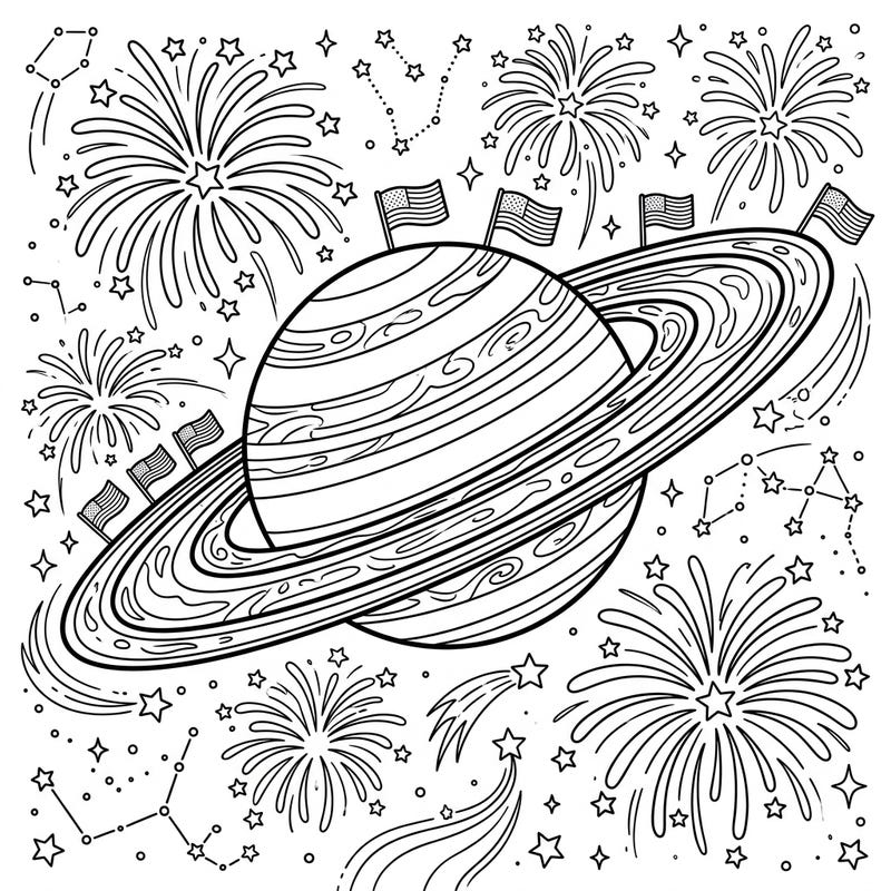Blast off into a patriotic coloring experience with this unique Saturn and Independence Day scene. Discover a cosmic display of fireworks, American flags, and the majestic ringed planet, perfect for celebrating freedom with a twist.