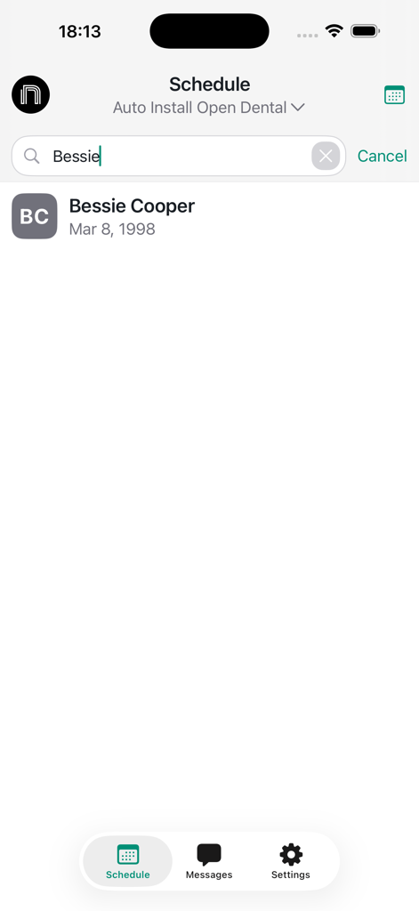 NexHealth app screenshot showing a patient search for Bessie Cooper within the practice schedule management tool