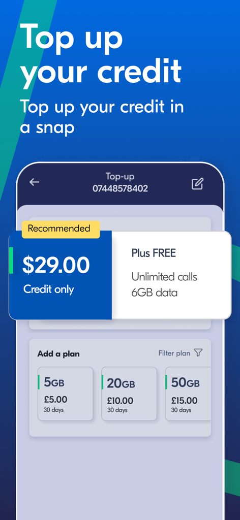 Lyca Mobile UK - Lyca Mobile UK app interface showing top up credit options and data plans