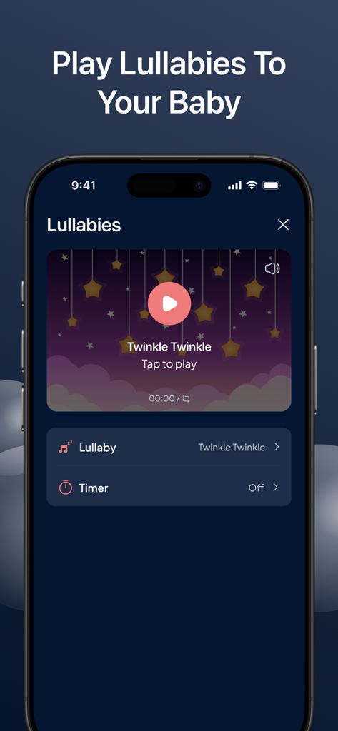 Baby Monitor Camera: Cry Alarm - Interface do aplicativo Baby Monitor Camera mostrando a tela de canções de ninar com a música Brilha, Brilha Estrelinha e uma opção de timer para dormir