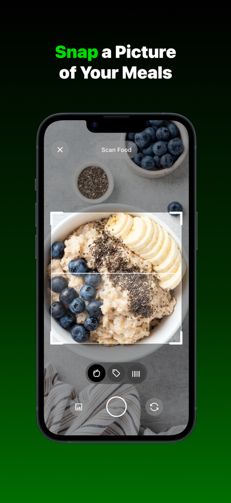 Tenacity AI: Lifestyle Tracker - Tenacity AI app interface showing the meal scanner feature with a bowl of oatmeal.