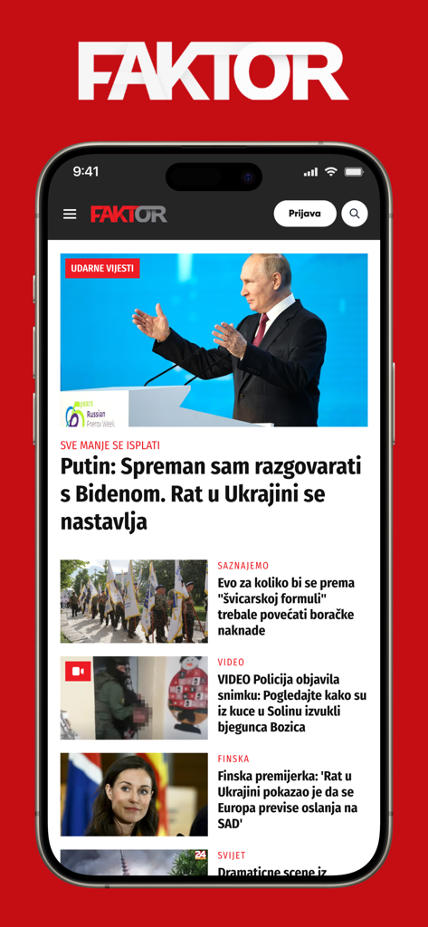 Écran d'accueil de l'application mobile FAKTOR.BA montrant les gros titres actuels en langue bosniaque sur un iPhone