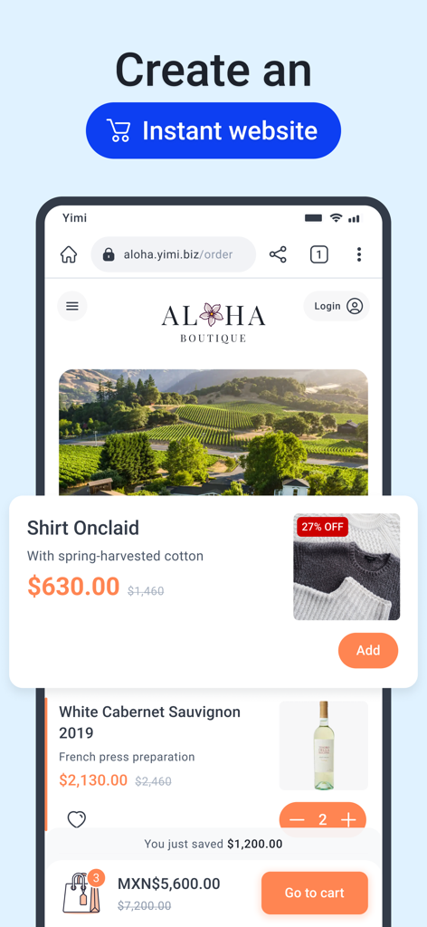 Yimi POS – Sales & Inventory - Mobile screen showing how to create an instant online website for a retail boutique