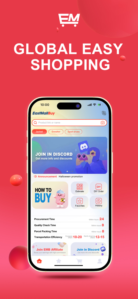 Eastmallbuy - Interface do aplicativo Eastmallbuy exibindo serviços de compras globais e estatísticas de eficiência de envio.