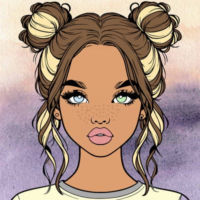realistic girl with two buns in hair and lips