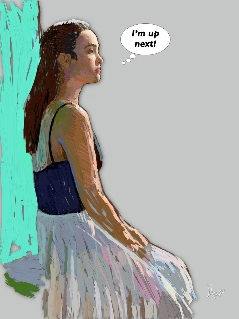 Una pintura digital de una mujer de perfil con una burbuja de pensamiento que dice 'Soy la siguiente'.