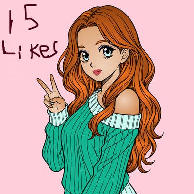 a girl with long hair. make only from her waist up showing and she is wearing g a sweater the is half off her shoulder. she needs to hold one peace sign. make her have no mouth, only have eyes. make her whole body facing the camera. and no black hair.