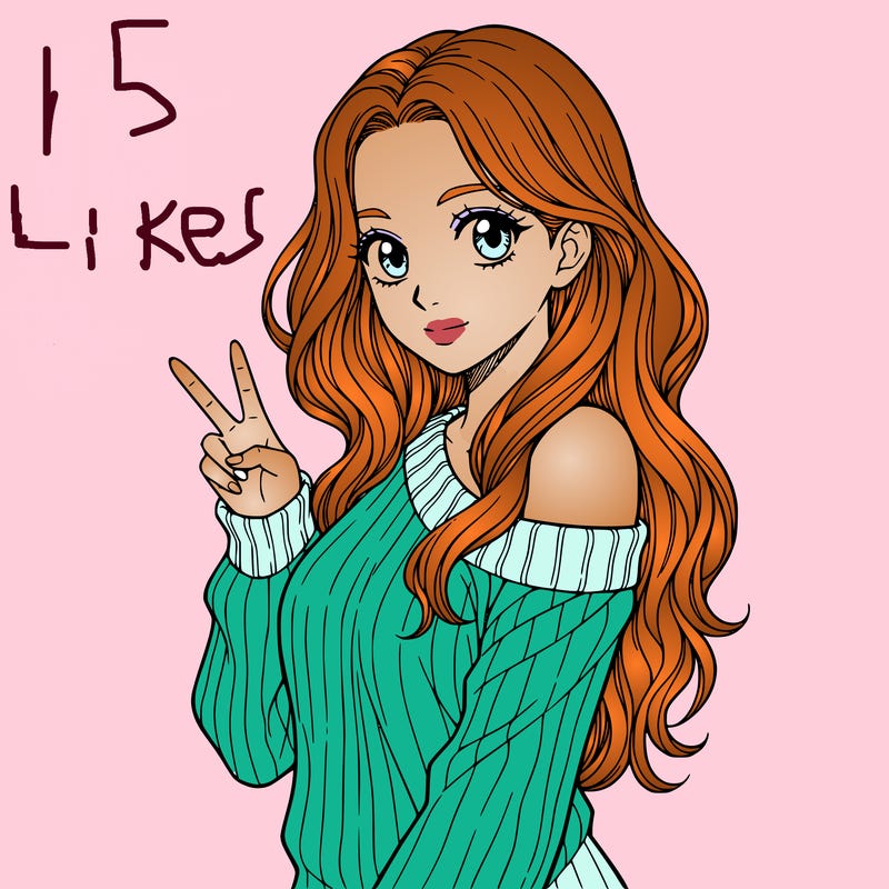 a girl with long hair. make only from her waist up showing and she is wearing g a sweater the is half off her shoulder. she needs to hold one peace sign. make her have no mouth, only have eyes. make her whole body facing the camera. and no black hair.