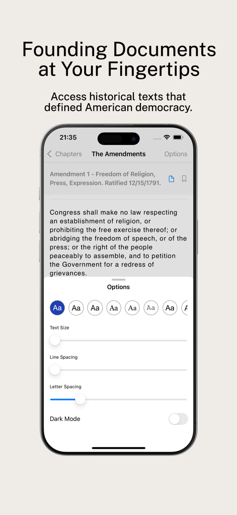 US Constitution app showing the First Amendment and text customization options.