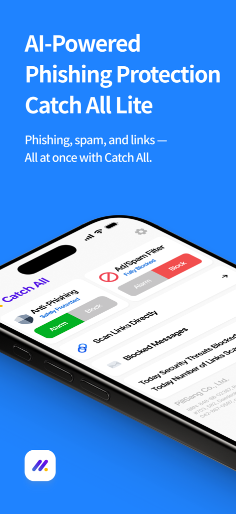 Catch All Lite - Catch All Lite app interface on iPhone showing AI-powered phishing and spam protection features