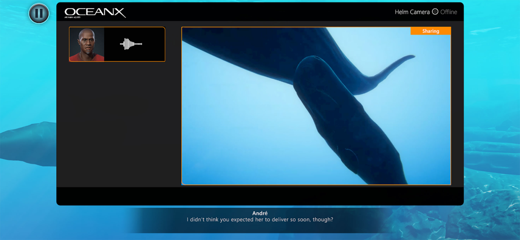 Beyond Blue - Uma captura de tela de Beyond Blue mostrando uma janela de comunicação com André e um feed de vídeo de duas baleias debaixo d'água.