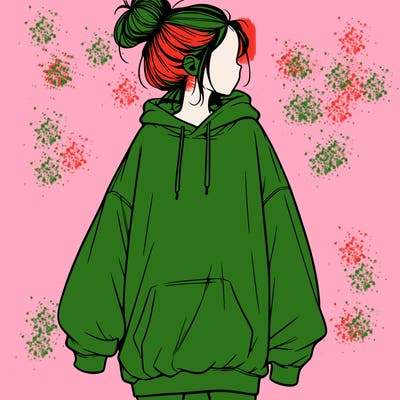 realistic girl with a oversized sweatshirt on and a bun