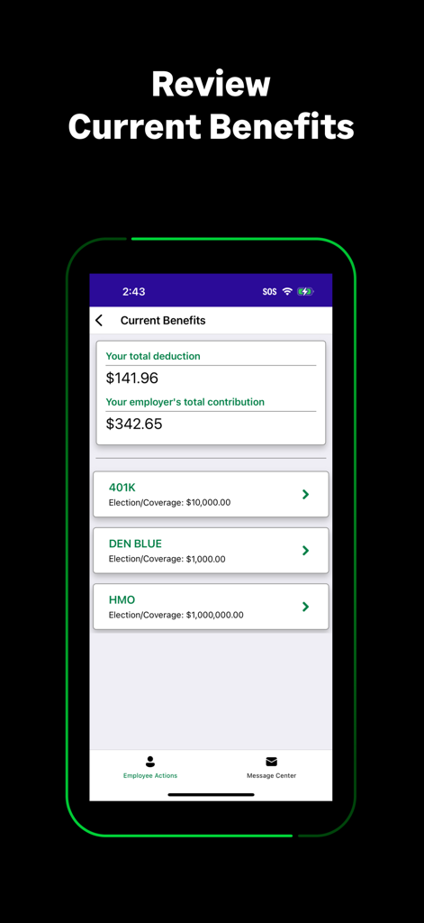 Sage HRMS - Sage HRMS mobile app interface showing current benefits overview with deduction and contribution details