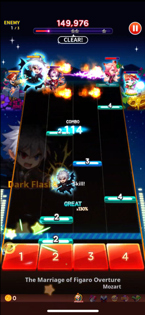 RhythmStar Music Adventure gameplay showing rhythm notes and hero battle RPG elements