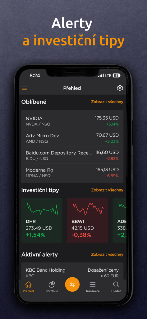 Patria Finance mobile app interface showing stock favorites investment tips and active price alerts