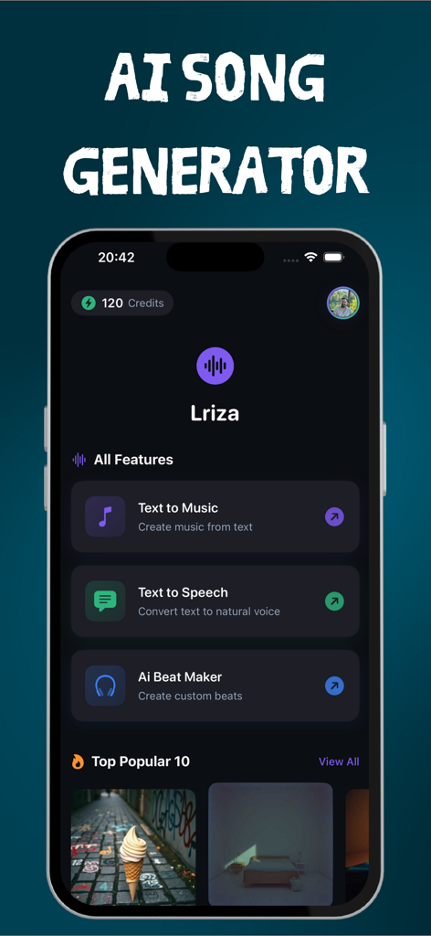 AI Music Generator – Lriza - El panel principal de la aplicación Lriza AI Music Generator con herramientas de Texto a Música y Creador de Beats IA.